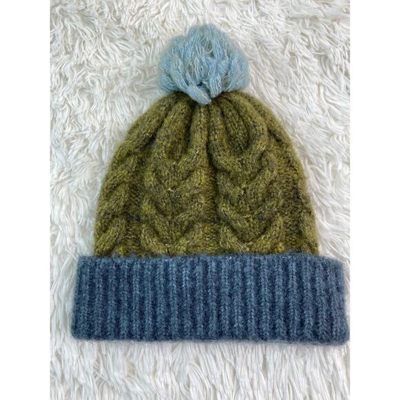Pistil Women's Blue Green Acrylic Blend Cable Knit Pom Beanie Hat - Picture 4 of 5